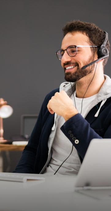 user talking on VoiP headset
