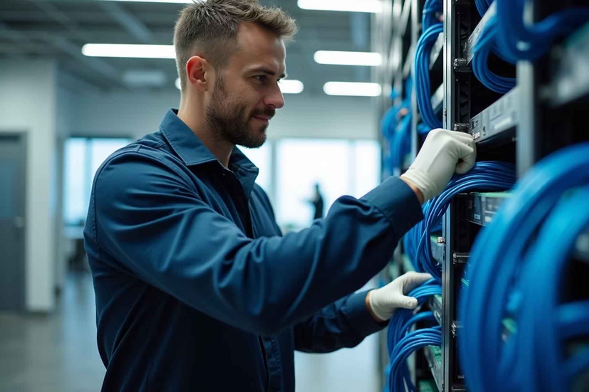 Technician on an network cabling Mississauga project in server room