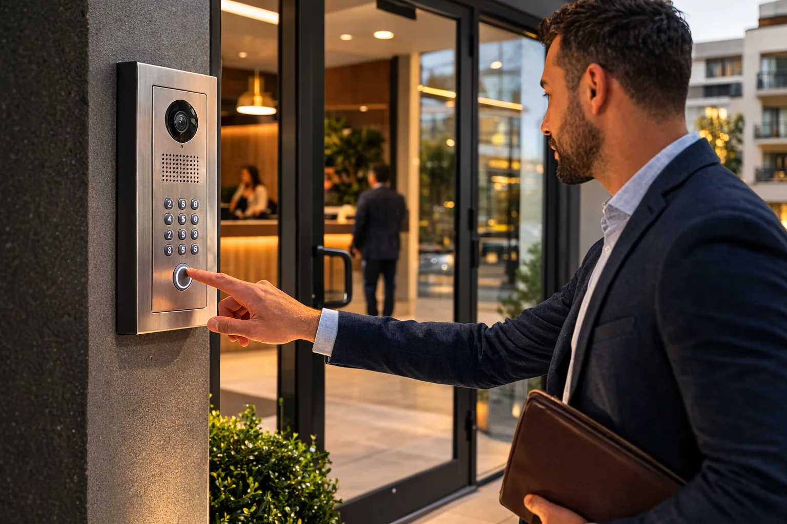 a person opening a door with an access control system installed during a cctv installation Mississauga project